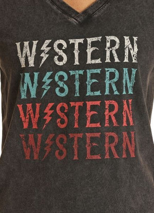 PANHANDLE SLIM Shirts Rock & Roll Cowgirl Women's Black Western Graphic V-Neck T-Shirt RRWT21R0CT