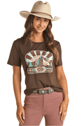 PANHANDLE SLIM Shirts Rock & Roll Cowgirl Women's Brown Mountain Scene Short Sleeve T-Shirt RRWT21R04Y