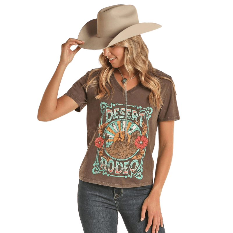 PANHANDLE SLIM Shirts Rock & Roll Cowgirl Women's Brown Short Sleeve Graphic Tee BW21T02069