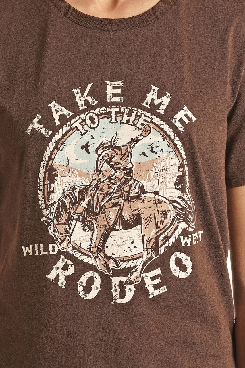 PANHANDLE SLIM Shirts Rock & Roll Cowgirl Women's Brown Take Me To The Rodeo Graphic T-Shirt BW21T02726