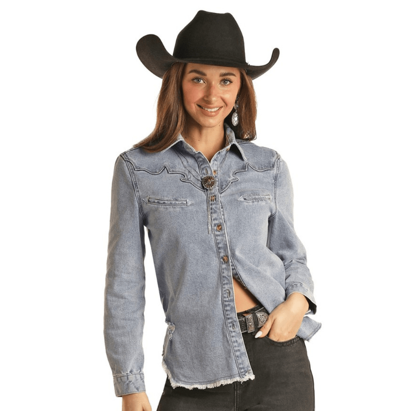 PANHANDLE SLIM Shirts Rock & Roll Cowgirl Women's Denim Button Down Long Sleeve Shirt BWB2D02275
