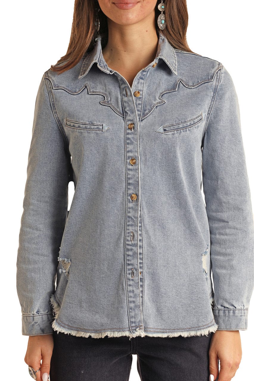 Rock & Roll Cowgirl Women's Denim Long Sleeve Button Down Shirt BWB2D0 Russell's Western Wear, Inc. Rock & Roll Cowgirl Women's Denim Long Sleeve Button Down Shirt BWB2D0 Russell's Western Wear, Inc.