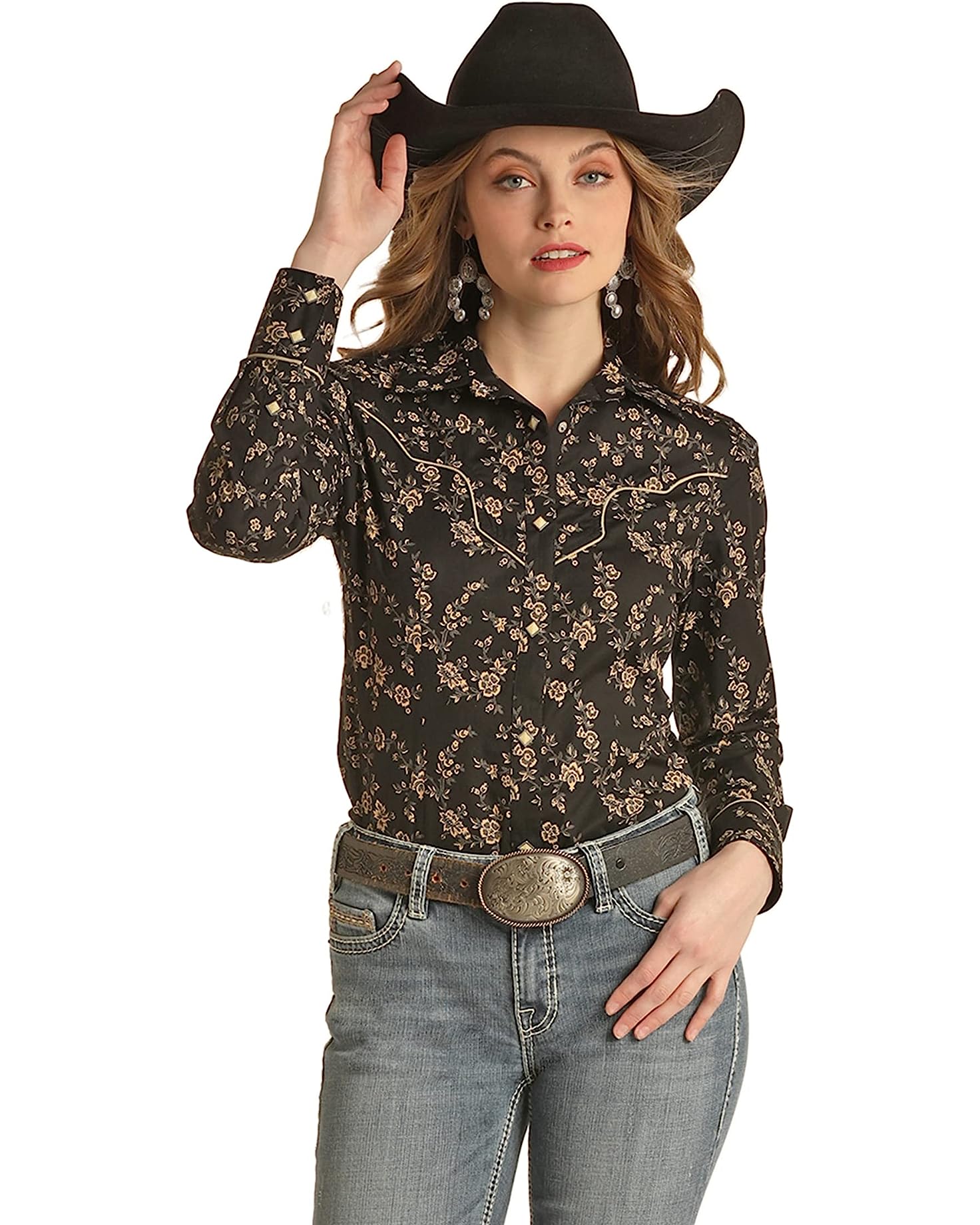 PANHANDLE SLIM Shirts Rock & Roll Cowgirl Women's Floral Print Long Sleeve Snap Western Shirt RRWSOSRZ0X