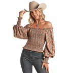PANHANDLE SLIM Shirts Rock & Roll Cowgirl Women's Floral Smocked Off Shoulder Long Sleeve Top BW51T02109