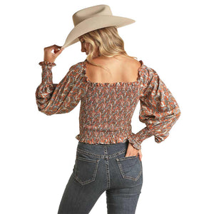 PANHANDLE SLIM Shirts Rock & Roll Cowgirl Women's Floral Smocked Off Shoulder Long Sleeve Top BW51T02109