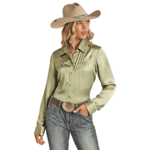 PANHANDLE SLIM Shirts Rock & Roll Cowgirl Women's Jade Green Satin Long Sleeve Shirt with Piping BWB2S02105
