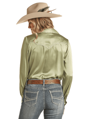 PANHANDLE SLIM Shirts Rock & Roll Cowgirl Women's Jade Green Satin Long Sleeve Shirt with Piping BWB2S02105