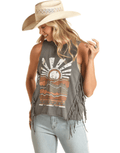 PANHANDLE SLIM Shirts Rock & Roll Cowgirl Women's Navy Sunset Graphic Fringe Tank RRWT20R17Z