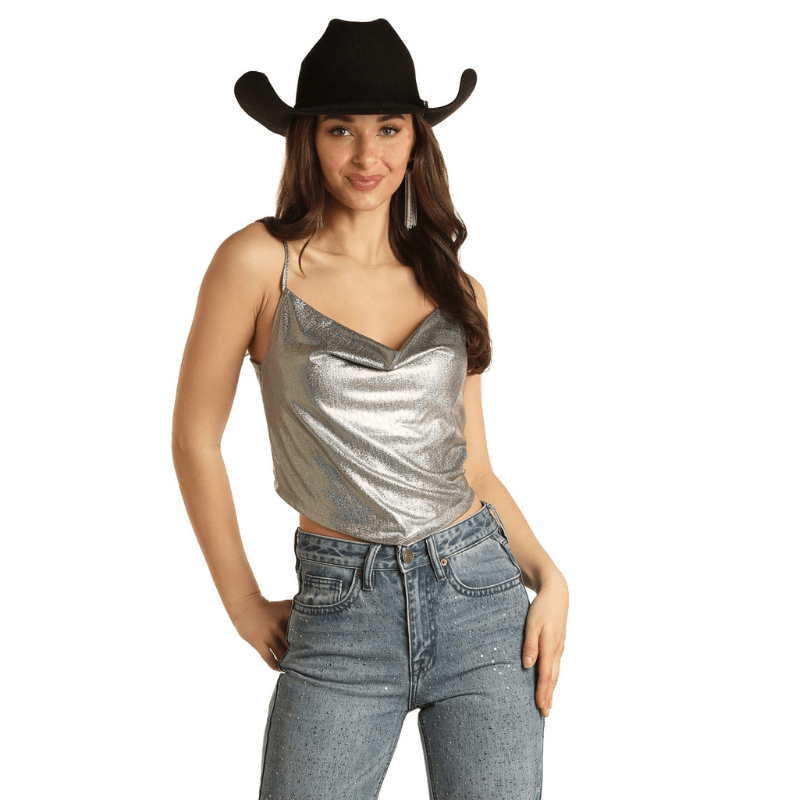 PANHANDLE SLIM Shirts Rock & Roll Cowgirl Women's Silver Shimmer Tank Top BW20T02742