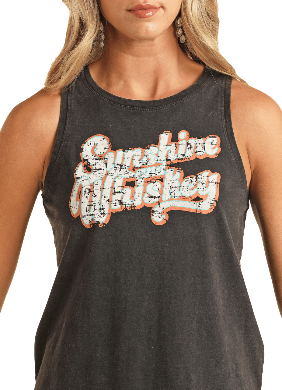 Panhandle Slim Shirts Rock & Roll Cowgirl Women's Sunshine and Whiskey Black Graphic Tank Top BW20T04012