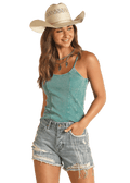 PANHANDLE SLIM Shirts Rock & Roll Cowgirl Women's Teal Exposed Seam Sleeveless Tank RRWT20R0Y6