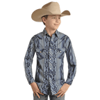 PANHANDLE SLIM Shirts Rock & Roll Denim Blue Aztec Print Long Sleeve Western Snap Shirt BBN2S02517