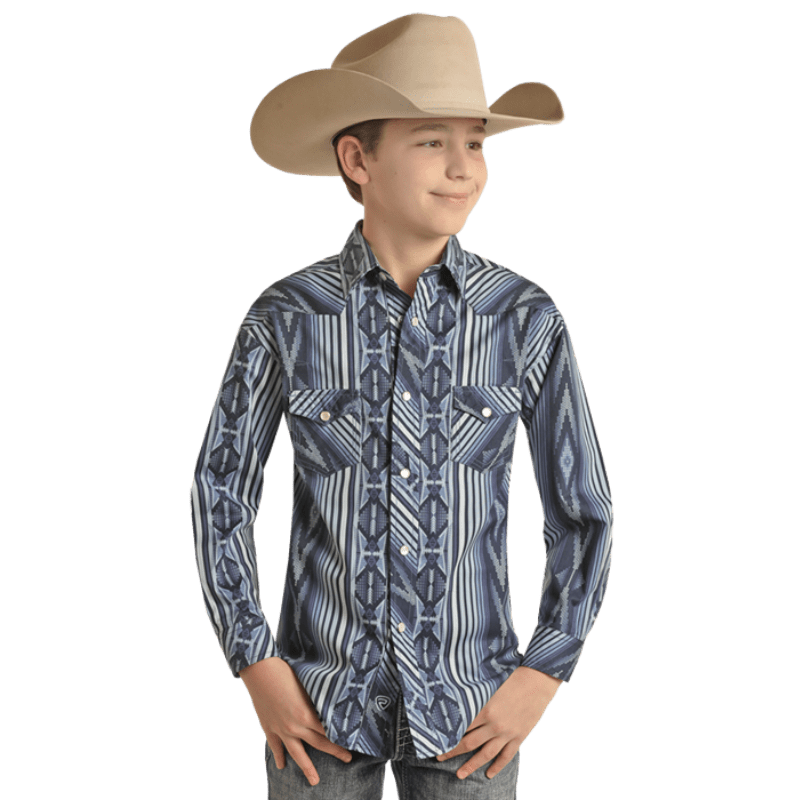 PANHANDLE SLIM Shirts Rock & Roll Denim Blue Aztec Print Long Sleeve Western Snap Shirt BBN2S02517