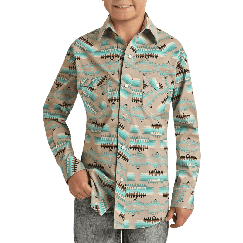 PANHANDLE SLIM Shirts Rock & Roll Denim Boy's Vintage Aztec Long Sleeve Western Snap Shirt RRBSOSR0Q0