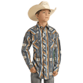 PANHANDLE SLIM Shirts Rock & Roll Denim Boys Blue and Tan Vintage Aztec Stripe Long Sleeve Snap Front Shirt RRBSOSR0PS