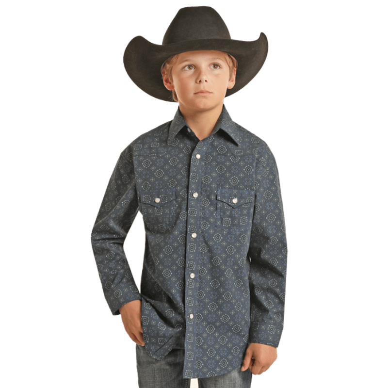PANHANDLE SLIM Shirts Rock & Roll Denim Boys Medallion Print Long Sleeve Snap Shirt VBN2S02155