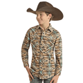 PANHANDLE SLIM Shirts Rock & Roll Denim Boys Turquoise Aztec Stripe Long Sleeve Western Snap Shirt BBN2S02534