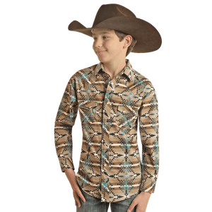 PANHANDLE SLIM Shirts Rock & Roll Denim Boys Turquoise Aztec Stripe Long Sleeve Western Snap Shirt BBN2S02534