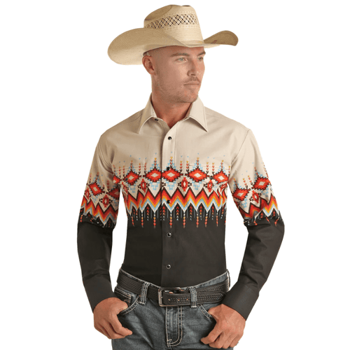 Rock & Roll Denim Men's Aztec Border Long Sleeve Western Snap