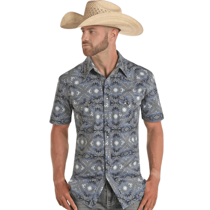 Panhandle Slim Shirts Rock & Roll Denim Men's Aztec Print Short Sleeve Western Snap Shirt BMN3S03344