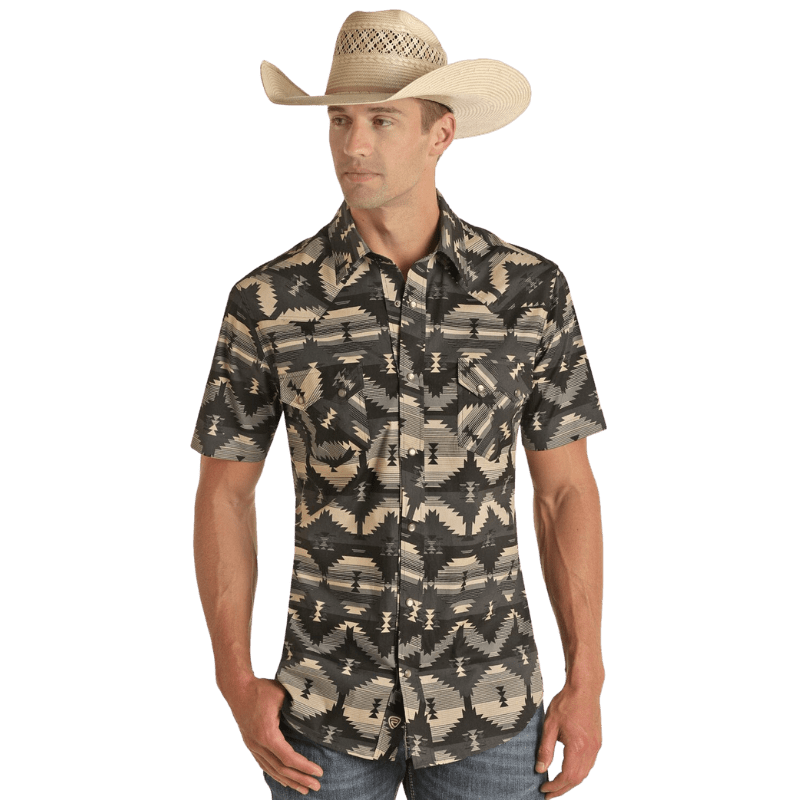 PANHANDLE SLIM Shirts Rock & Roll Denim Men's Aztec Printed Short Sleeve Western Snap Shirt RRMS1SR0QJ