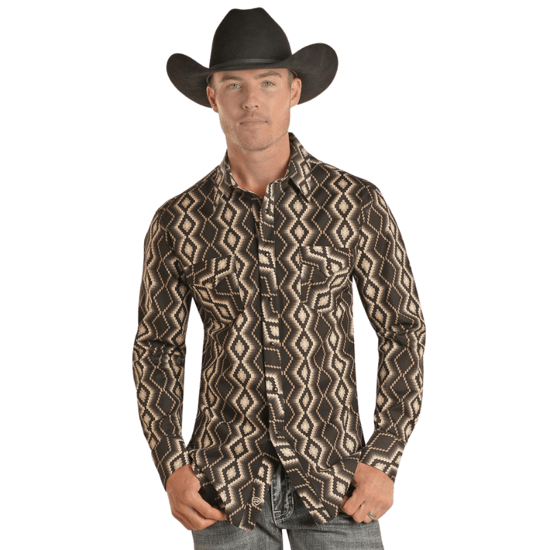 PANHANDLE SLIM Shirts Rock & Roll Denim Men's Black Aztec Print Long Sleeve Western Snap Shirt BMN2S02510