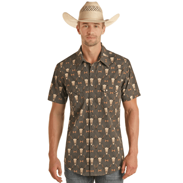 Rock & Roll Denim Men's Black Skull Print Short Sleeve Western