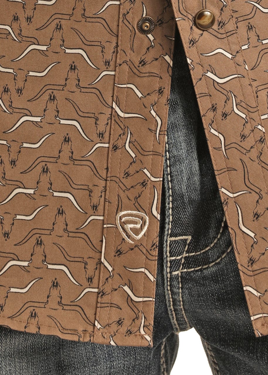 Rock & Roll Denim Men's Brown Longhorn Print Long Sleeve Western