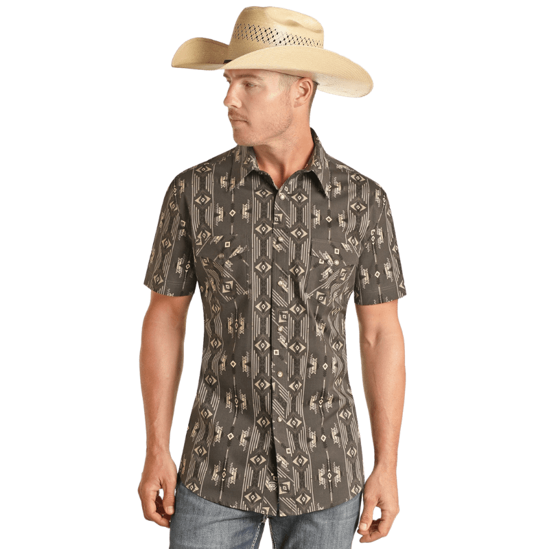 PANHANDLE SLIM Shirts Rock & Roll Denim Men's Charcoal Aztec Print Short Sleeve Snap Shirt RRMS1SR0RD