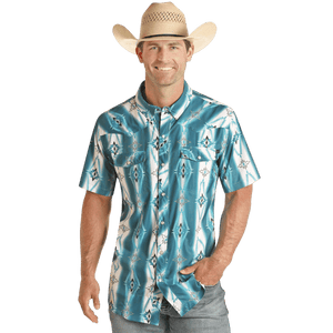 PANHANDLE SLIM Shirts Rock & Roll Denim Men's Rich Turquoise Aztec Print Vented Short Sleeve Western Shirt RRMS1SR0RT
