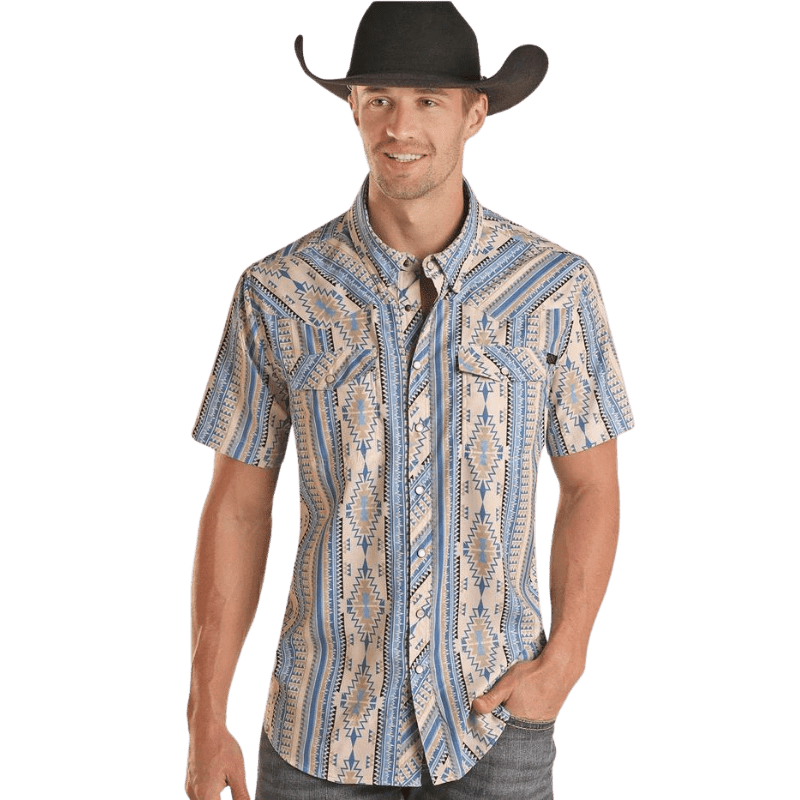 PANHANDLE SLIM Shirts Rock & Roll Denim Men's Ripstop Aztec Blue Short Sleeve Western Snap Shirt BMN3S02546