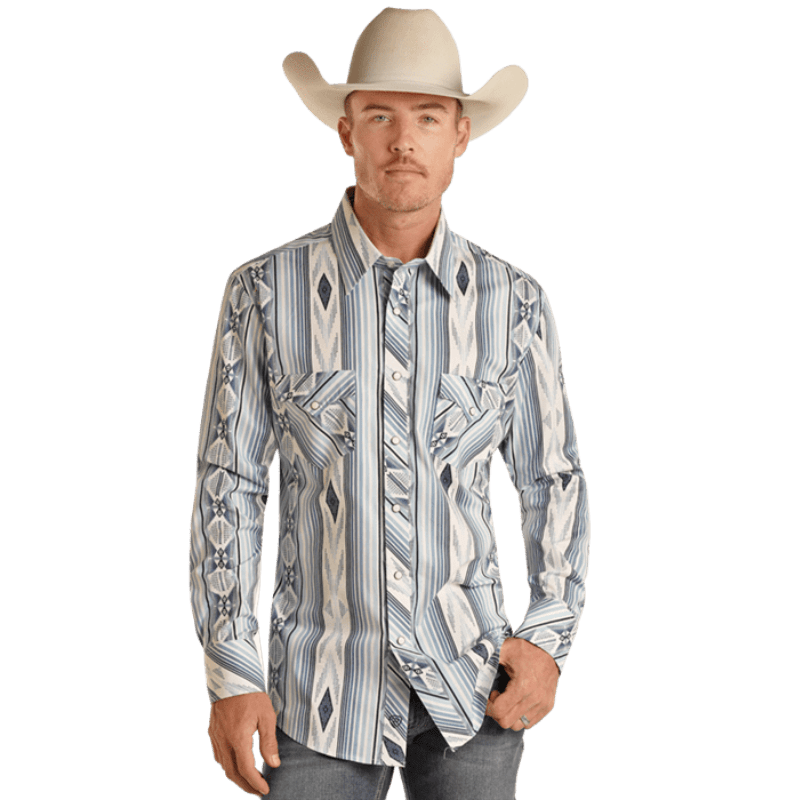 PANHANDLE SLIM Shirts Rock & Roll Denim Men's Slim Fit Aztec Print Long Sleeve Western Snap Shirt BMN2S02158