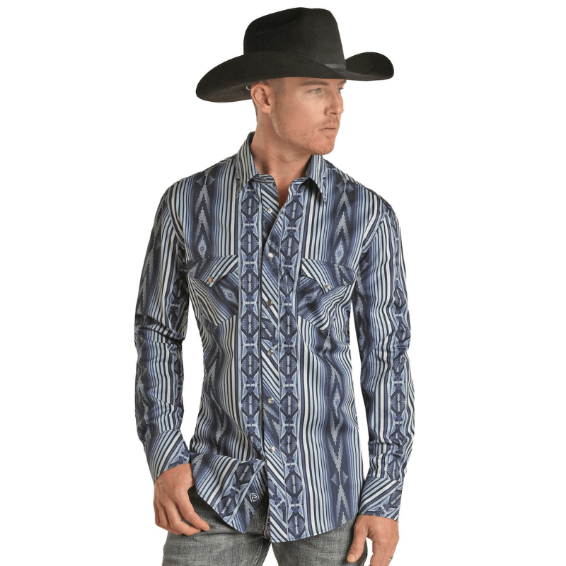 PANHANDLE SLIM Shirts Rock & Roll Denim Men's Slim Fit Blue Aztec print Long Sleeve Western Snap Shirt BMN2S02517