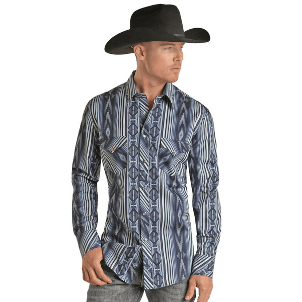 Rock & Roll Denim Men's Blue Aztec print Long Sleeve Western Snap