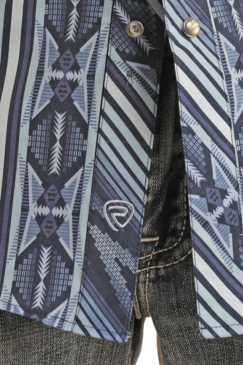 PANHANDLE SLIM Shirts Rock & Roll Denim Men's Slim Fit Blue Aztec print Long Sleeve Western Snap Shirt BMN2S02517