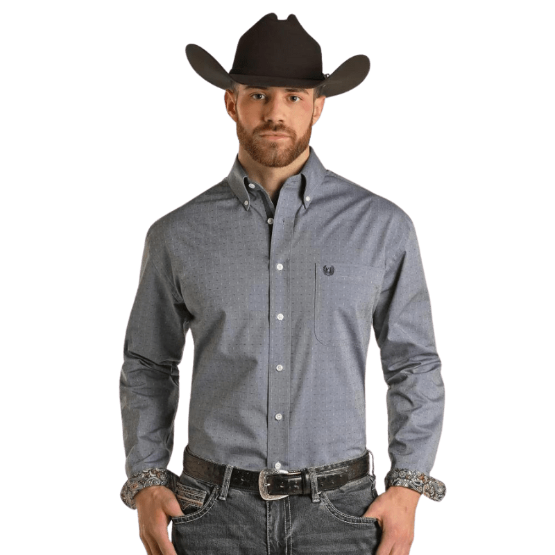 PANHANDLE SLIM Shirts Rock & Roll Denim Men's Solid Dobby Light Navy Long Sleeve Button Down Western Shirt RMB2S02805