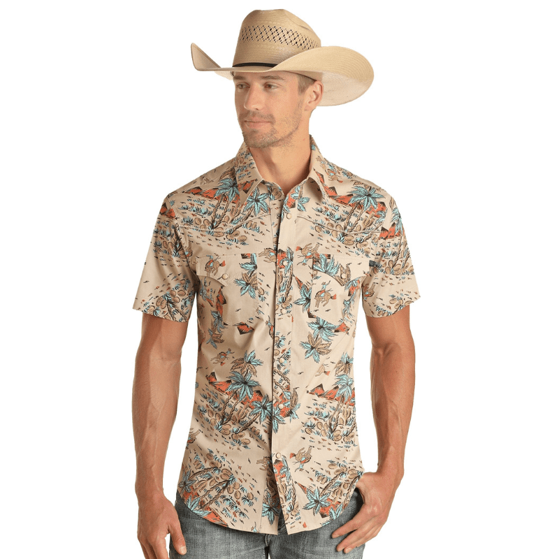Rock Roll Denim Men s Teal and Sand Tropical Print Short Sleeve