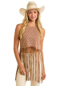 PANHANDLE SLIM Shirts Rock & Roll Denim Women's Brown Boot Print Fringe Top BW20T06310