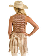 PANHANDLE SLIM Shirts Rock & Roll Denim Women's Brown Boot Print Fringe Top BW20T06310