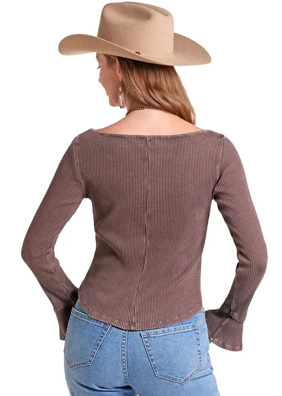 PANHANDLE SLIM Shirts Rock & Roll Denim Women's Brown Ribbed Knit Top BW22T09373