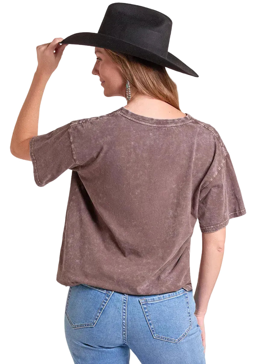 PANHANDLE SLIM Shirts Rock & Roll Denim Women's Brown Studded Oversized Graphic T-Shirt BW21T09729