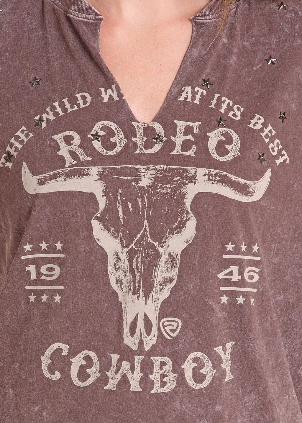 PANHANDLE SLIM Shirts Rock & Roll Denim Women's Brown Studded Oversized Graphic T-Shirt BW21T09729