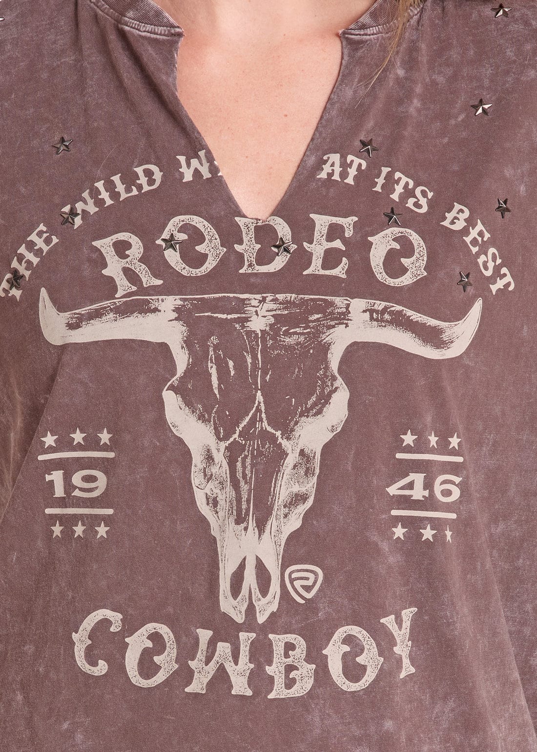 PANHANDLE SLIM Shirts Rock & Roll Denim Women's Brown Studded Oversized Graphic T-Shirt BW21T09729