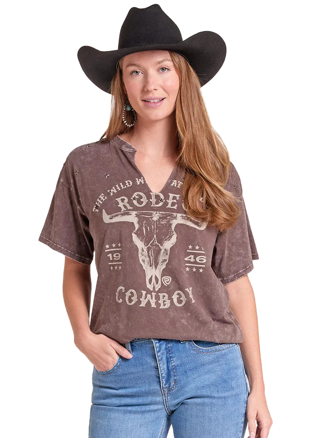 PANHANDLE SLIM Shirts Rock & Roll Denim Women's Brown Studded Oversized Graphic T-Shirt BW21T09729