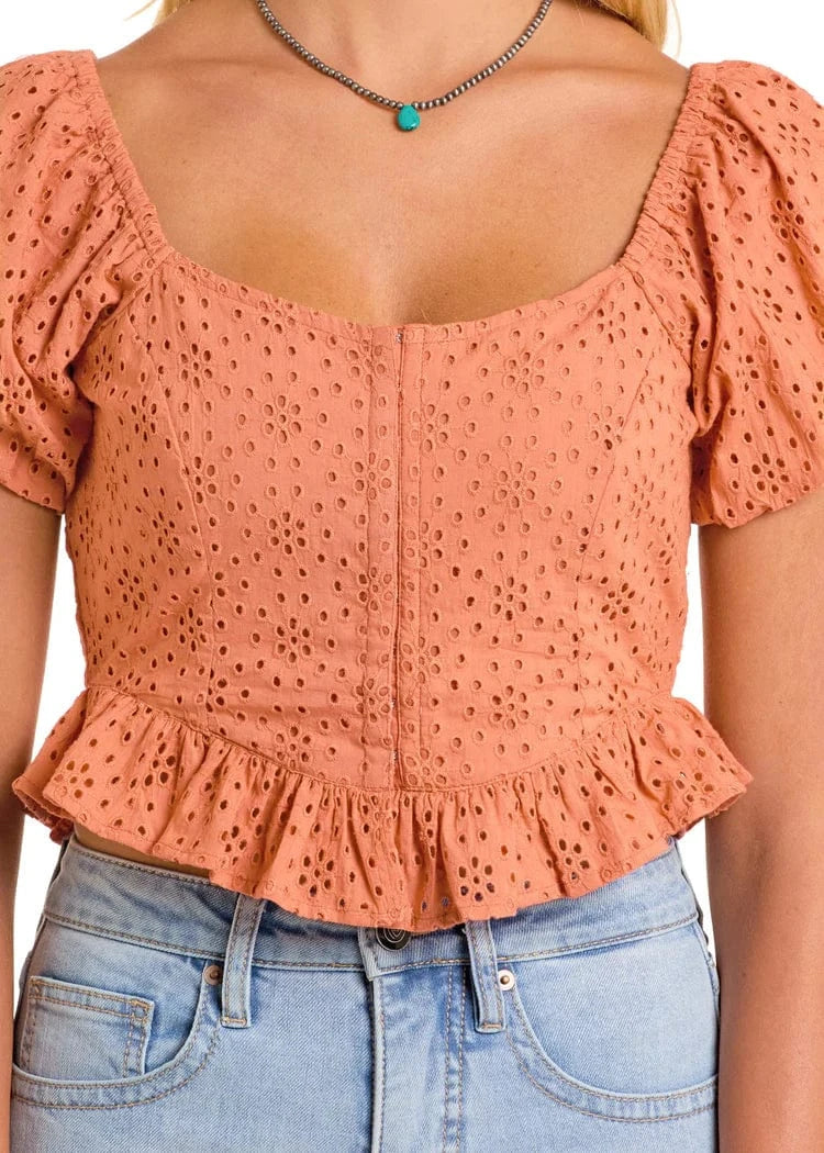 PANHANDLE SLIM Shirts Rock & Roll Denim Women's Orange Eyelet Puff Sleeve Blouse BW51T06295