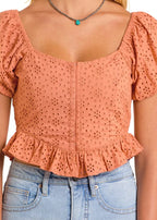 PANHANDLE SLIM Shirts Rock & Roll Denim Women's Orange Eyelet Puff Sleeve Blouse BW51T06295
