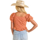 PANHANDLE SLIM Shirts Rock & Roll Denim Women's Orange Eyelet Puff Sleeve Blouse BW51T06295