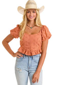 PANHANDLE SLIM Shirts Rock & Roll Denim Women's Orange Eyelet Puff Sleeve Blouse BW51T06295