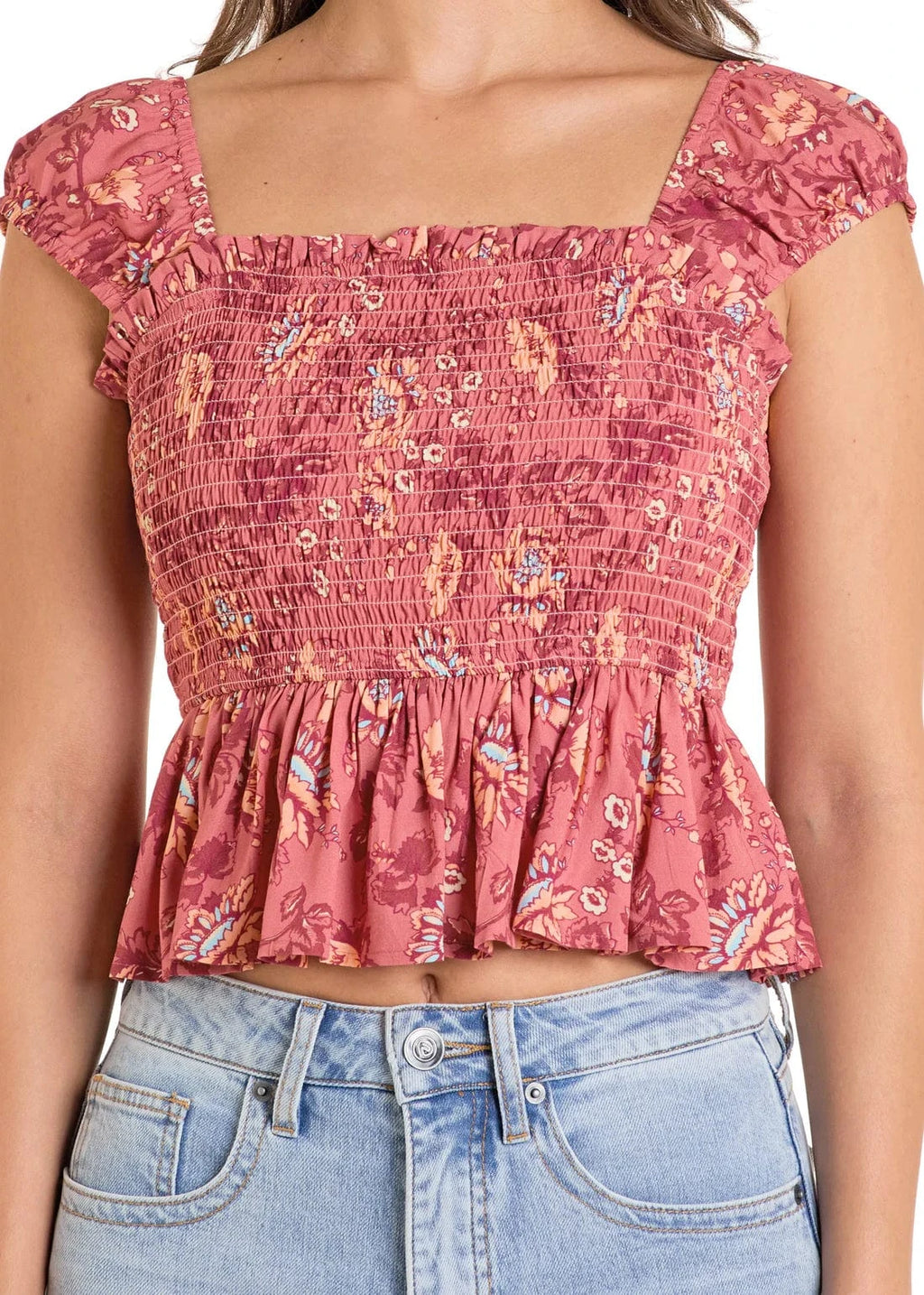 PANHANDLE SLIM Shirts Rock & Roll Denim Women's Pink Smocked Floral Top BW51T06266