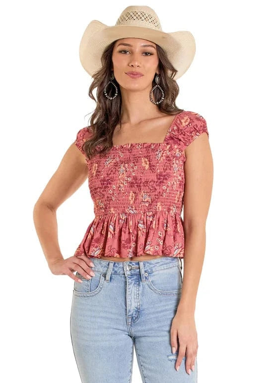 PANHANDLE SLIM Shirts Rock & Roll Denim Women's Pink Smocked Floral Top BW51T06266